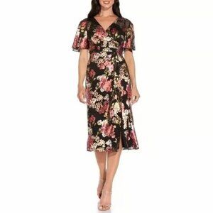 Adrianna Papell Black Floral Foiled Mesh Draped Midi Dress Size 8